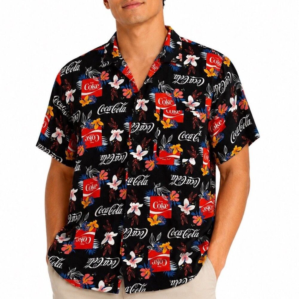 Coca Cola Hawaiian Shirt XL Black Floral Button Up Rayon Tropical Coke